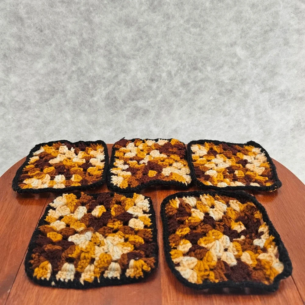 Handmade Crochet Coasters Set‎ of 5 Brown Yellow Black orange Drink Coasters